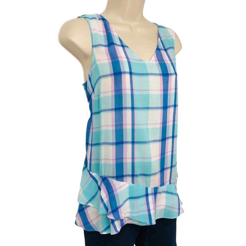 a.n.a. Blue White Pink Plaid Sleeveless Top Ruffled Trim Hem - Picture 15 of 16